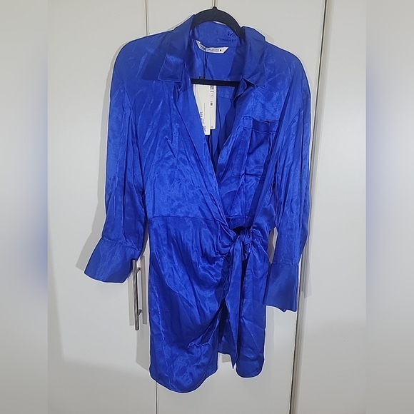 Zara Satin Effect Wrap Blue Mini Dress Size Large NWT - Picture 2 of 6